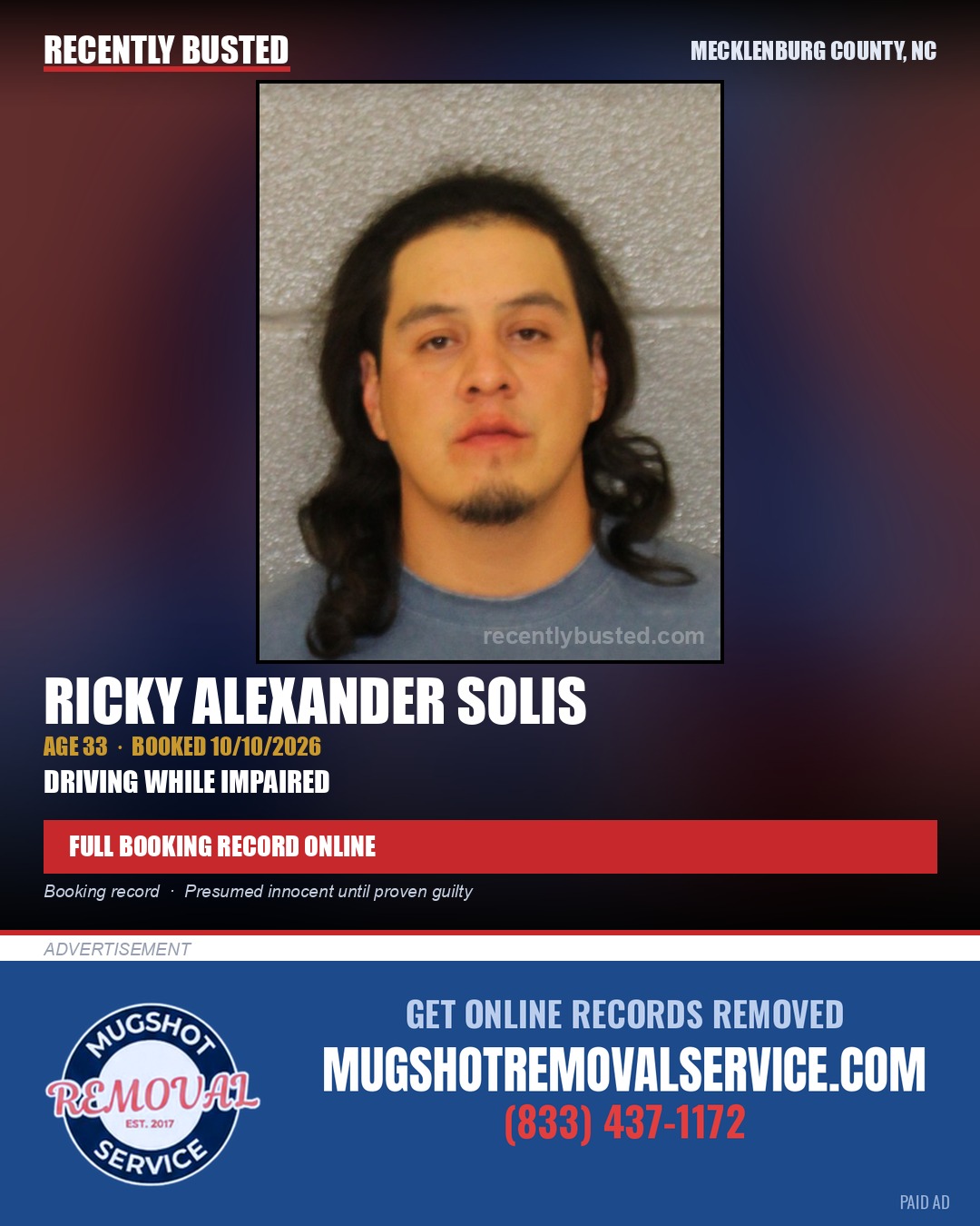 RICKY ALEXANDER SOLIS — arrest record card, Mecklenburg County, North Carolina