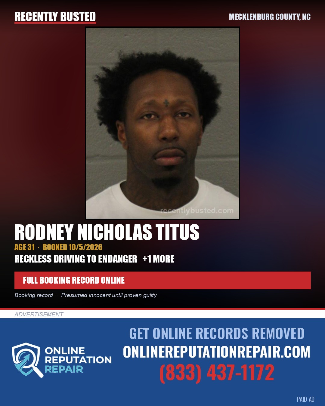 RODNEY NICHOLAS TITUS — arrest record card, Mecklenburg County, North Carolina