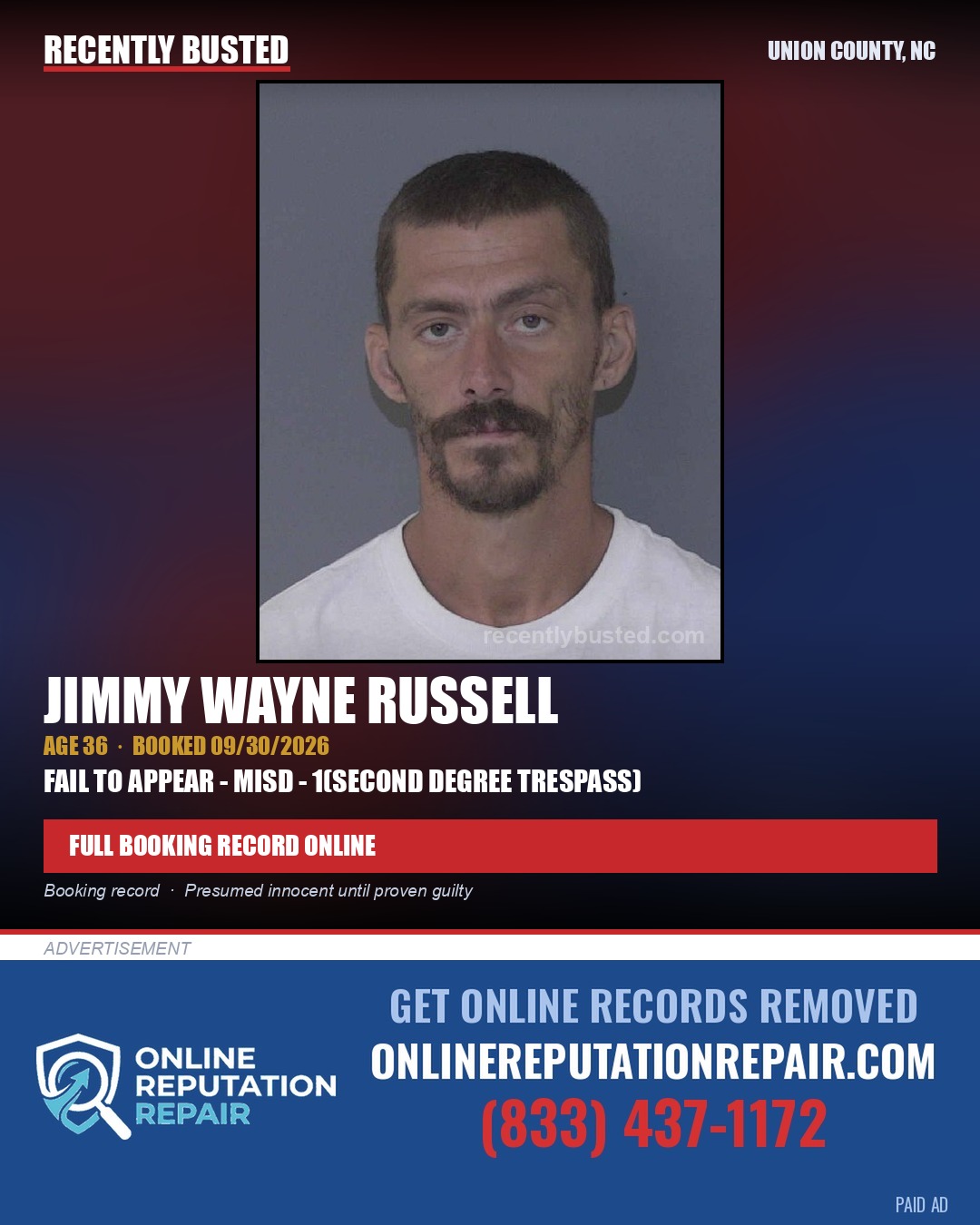 RUSSELL, JIMMY WAYNE — arrest record card, Union County, North Carolina