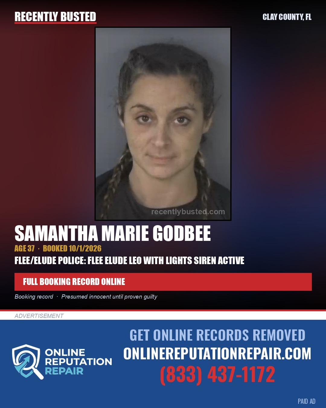 SAMANTHA MARIE GODBEE — arrest record card, Clay County, Florida