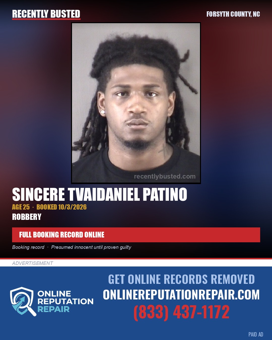 SINCERE TVAIDANIEL PATINO — arrest record card, Forsyth County, North Carolina