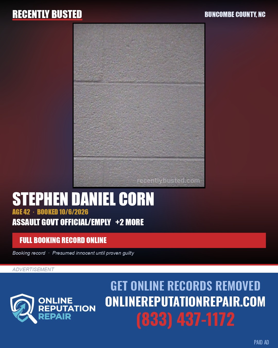 STEPHEN DANIEL CORN — arrest record card, Buncombe County, North Carolina