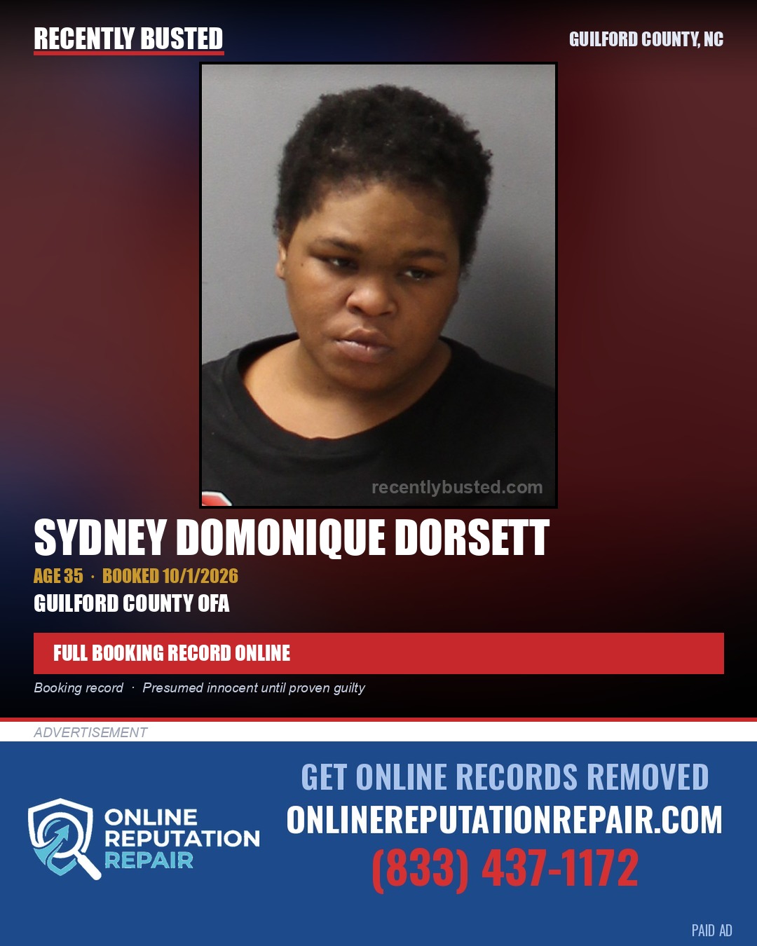 SYDNEY DOMONIQUE DORSETT — arrest record card, Guilford County, North Carolina