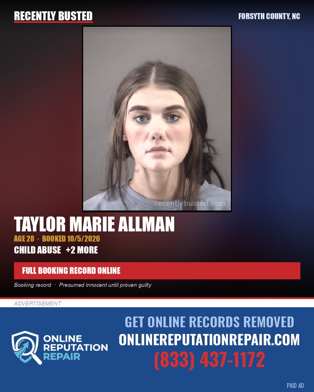 TAYLOR MARIE ALLMAN — arrest record card, Forsyth County, North Carolina