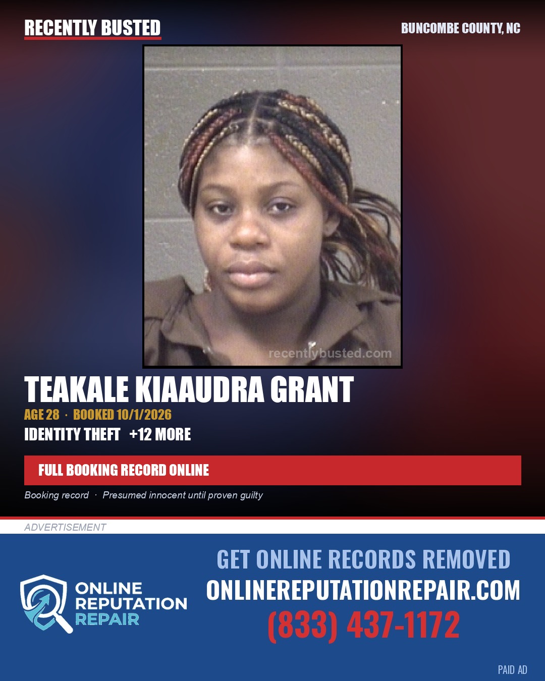 TEAKALE KIAAUDRA GRANT — arrest record card, Buncombe County, North Carolina