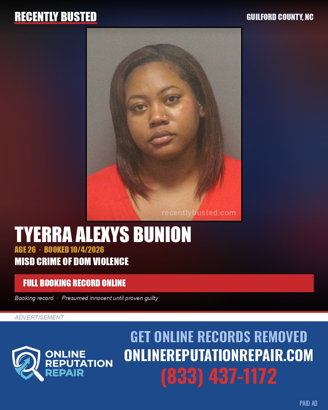 TYERRA ALEXYS BUNION — arrest record card, Guilford County, North Carolina