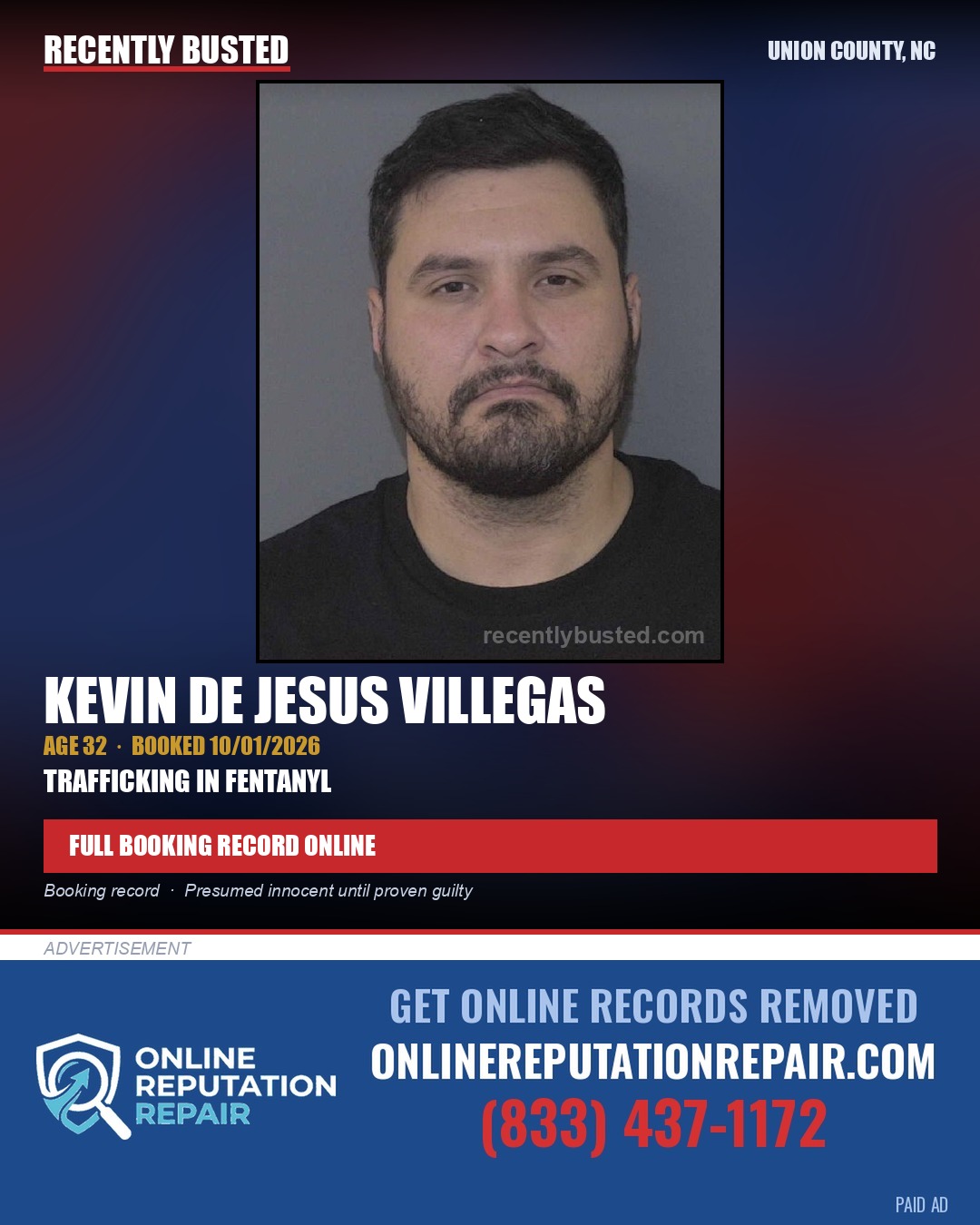 VILLEGAS, KEVIN DE JESUS — arrest record card, Union County, North Carolina