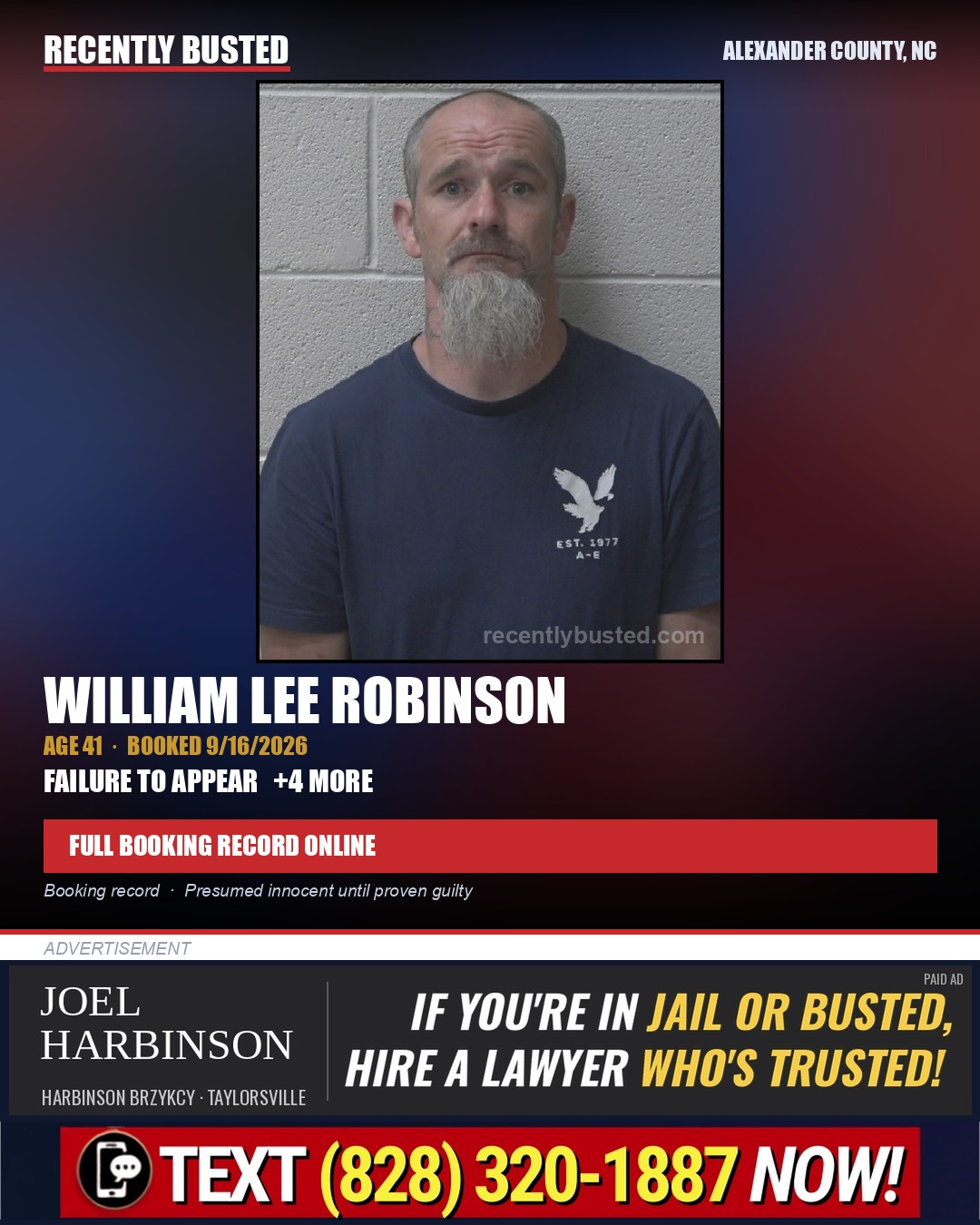 WILLIAM LEE ROBINSON — arrest record card, Alexander County, North Carolina