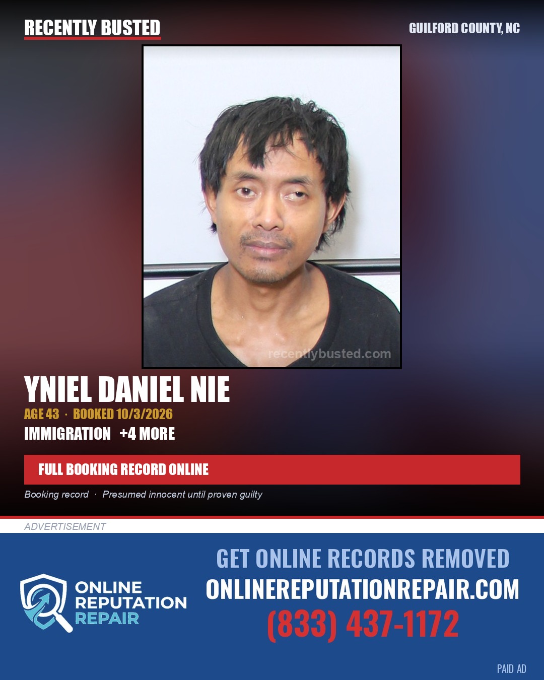 YNIEL DANIEL NIE — arrest record card, Guilford County, North Carolina