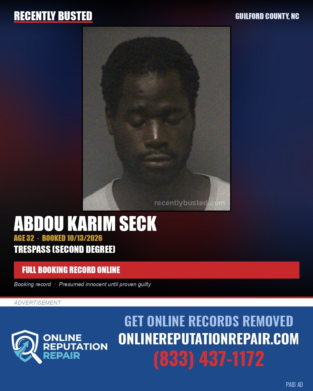 ABDOU KARIM SECK — arrest record card, Guilford County, North Carolina