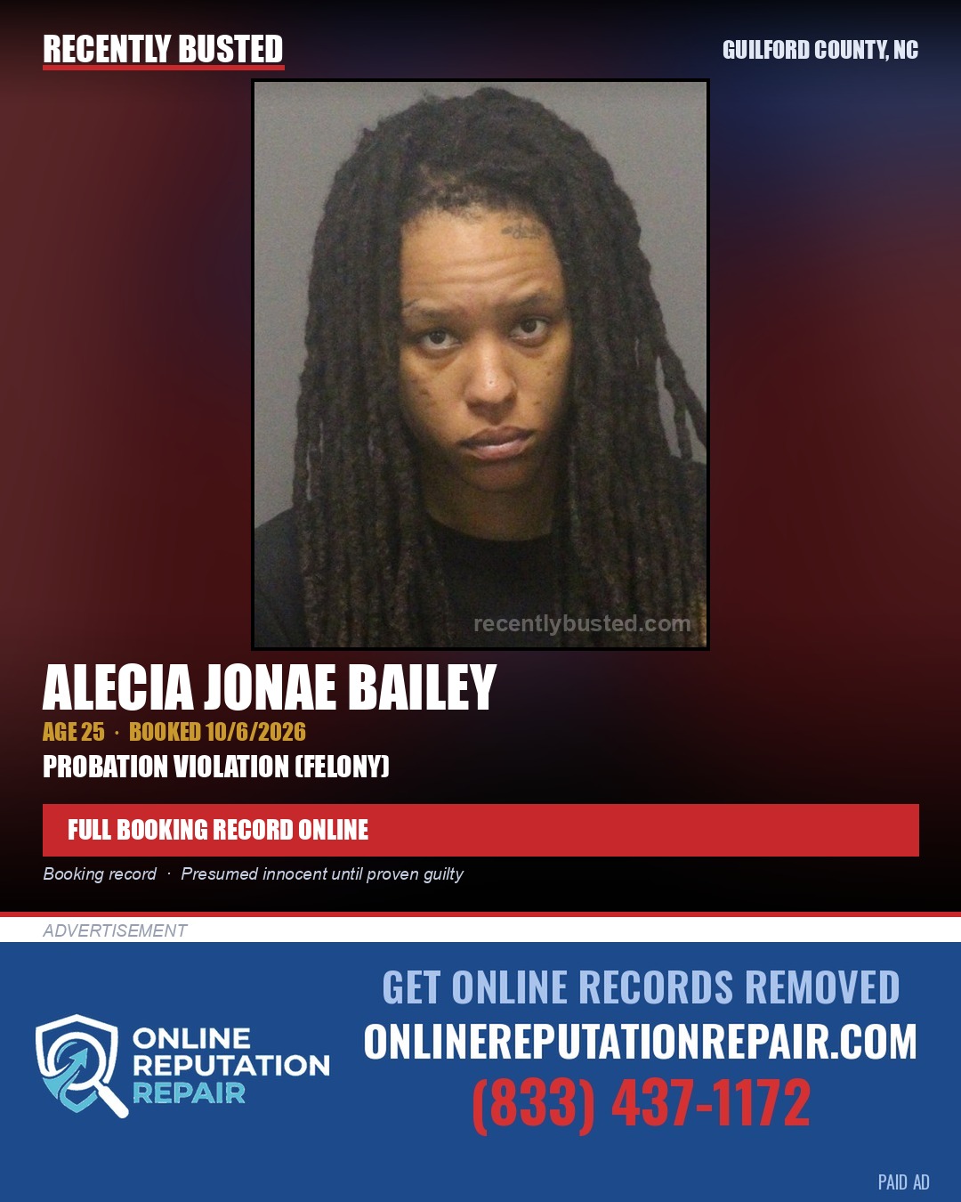 ALECIA JONAE BAILEY — arrest record card, Guilford County, North Carolina