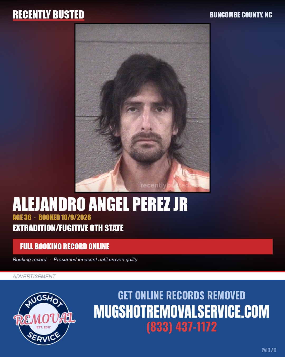 ALEJANDRO ANGEL PEREZ JR — arrest record card, Buncombe County, North Carolina