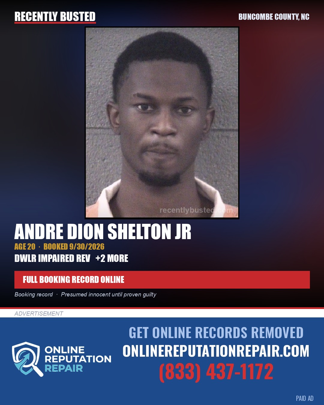 ANDRE DION SHELTON JR — arrest record card, Buncombe County, North Carolina