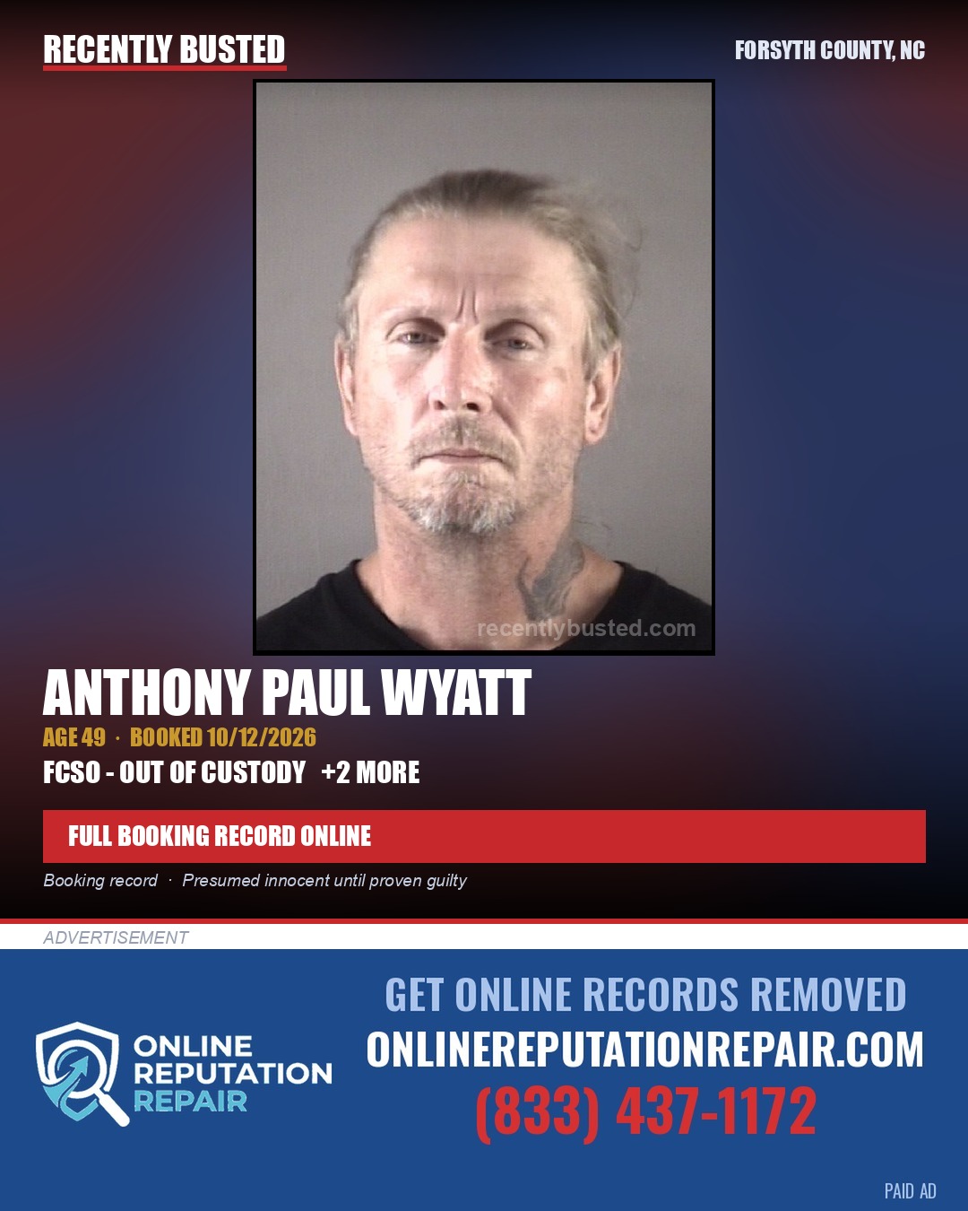 ANTHONY PAUL WYATT — arrest record card, Forsyth County, North Carolina
