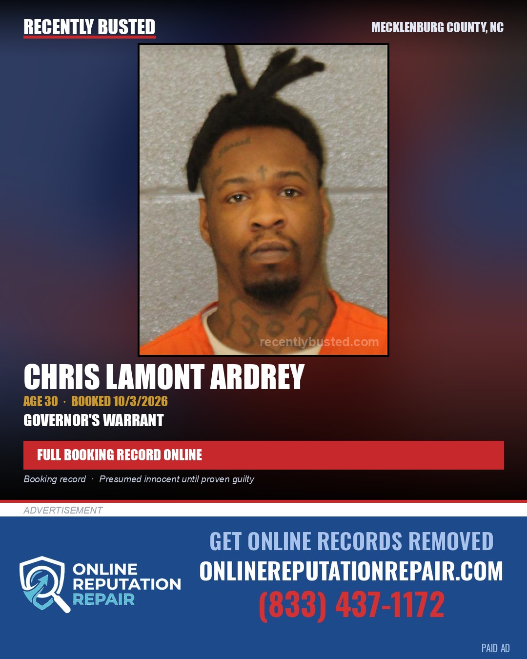 CHRIS LAMONT ARDREY — arrest record card, Mecklenburg County, North Carolina