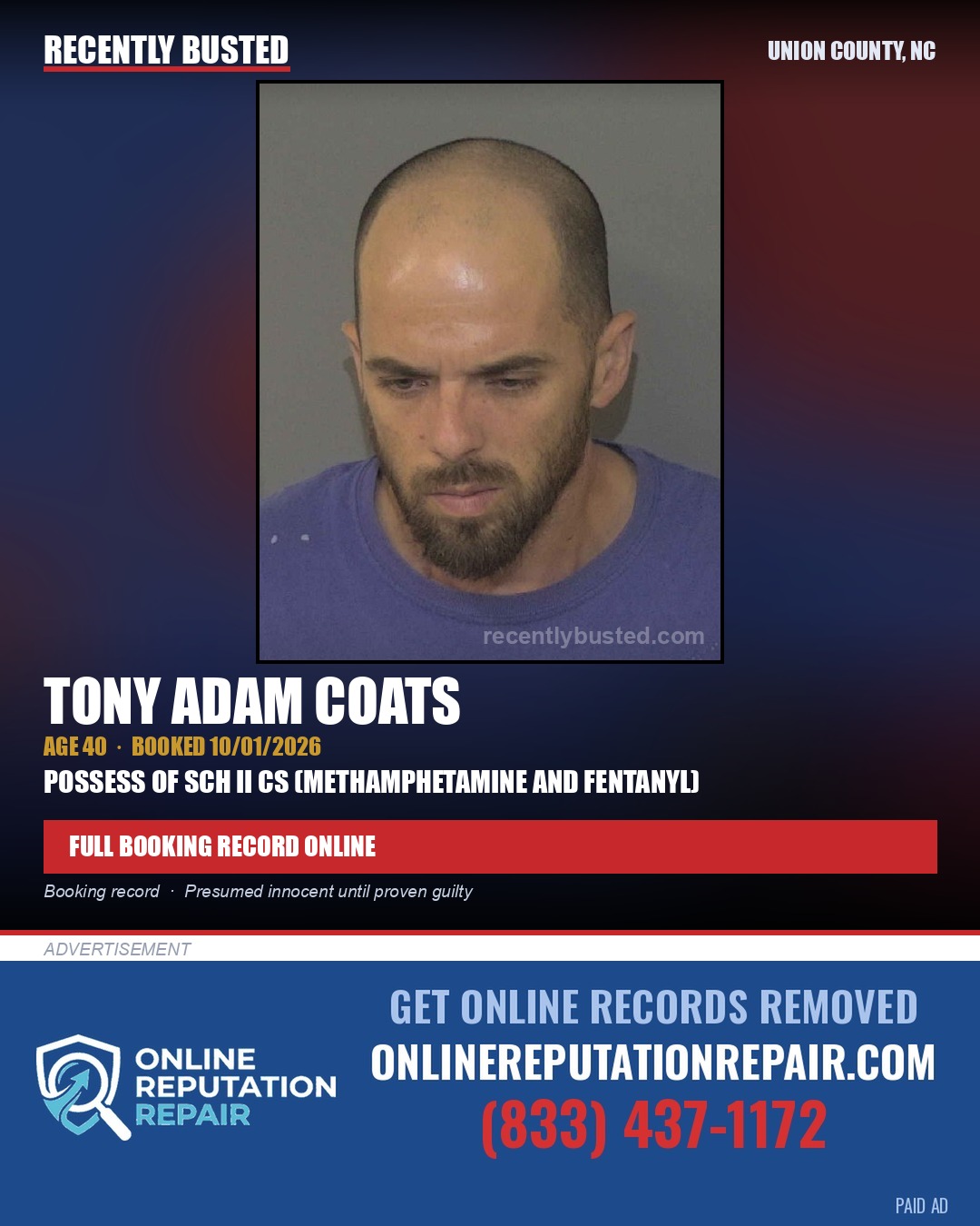 COATS, TONY ADAM — arrest record card, Union County, North Carolina