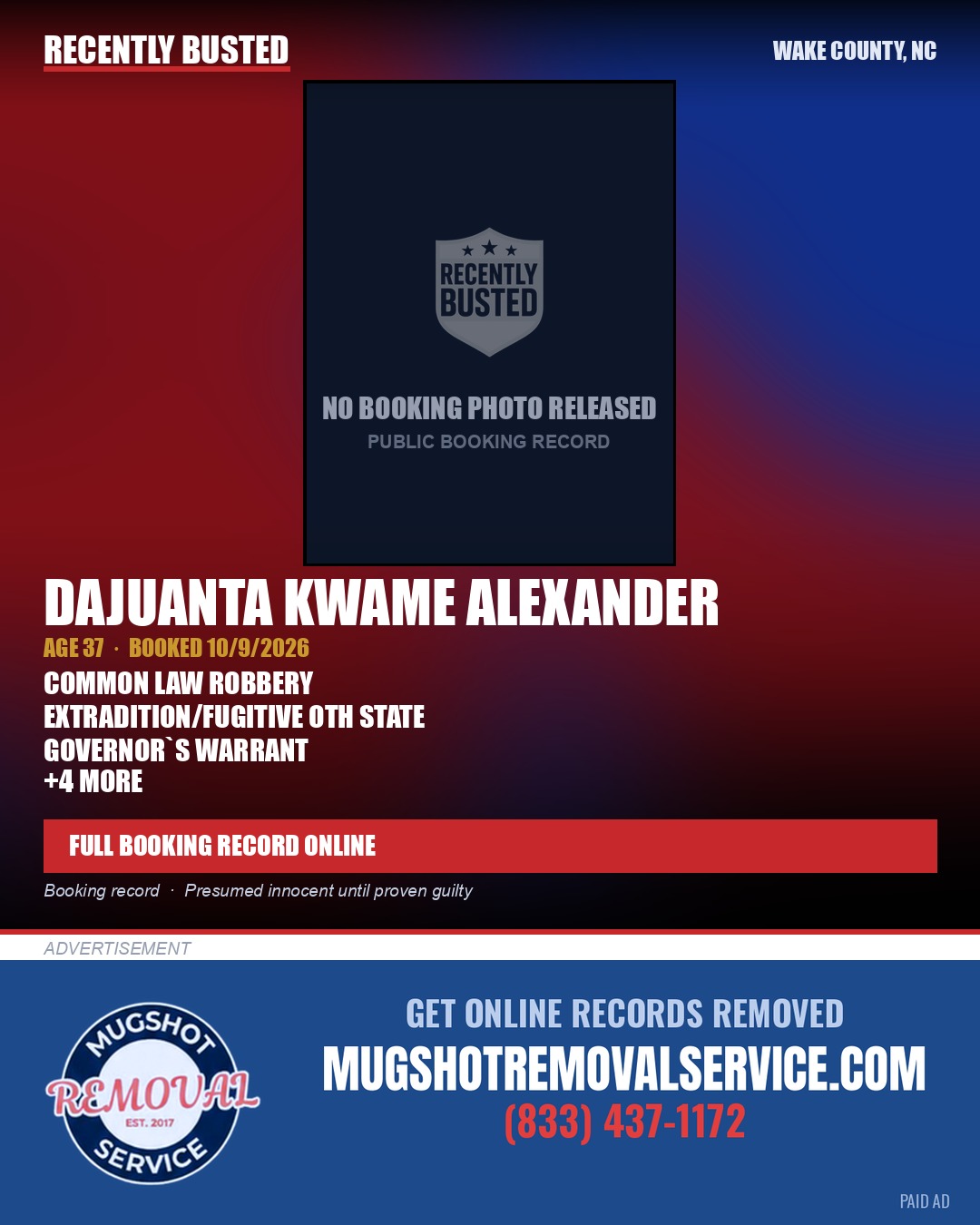 DAJUANTA KWAME ALEXANDER — arrest record card, Wake County, North Carolina