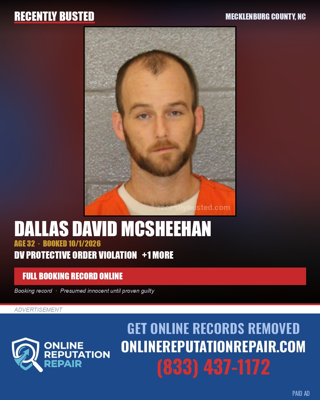 DALLAS DAVID MCSHEEHAN — arrest record card, Mecklenburg County, North Carolina