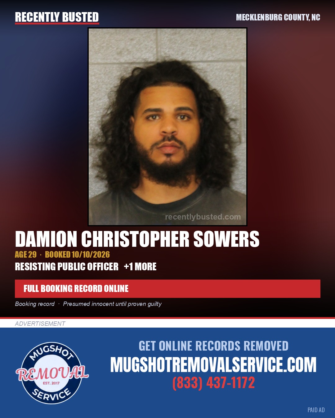 DAMION CHRISTOPHER SOWERS — arrest record card, Mecklenburg County, North Carolina