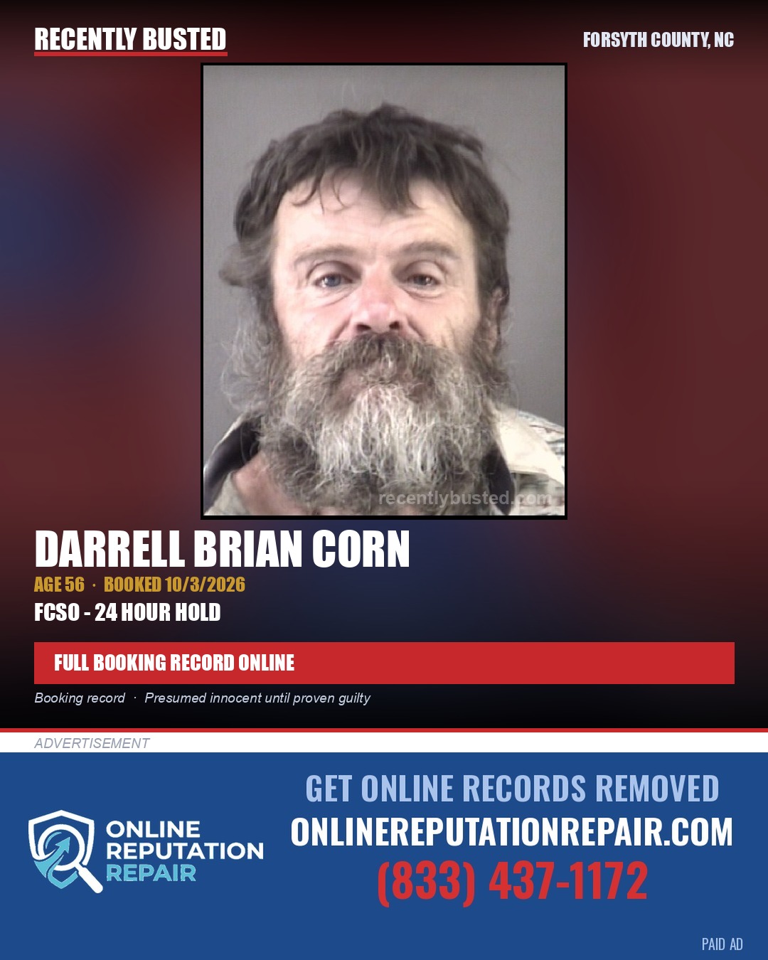 DARRELL BRIAN CORN — arrest record card, Forsyth County, North Carolina