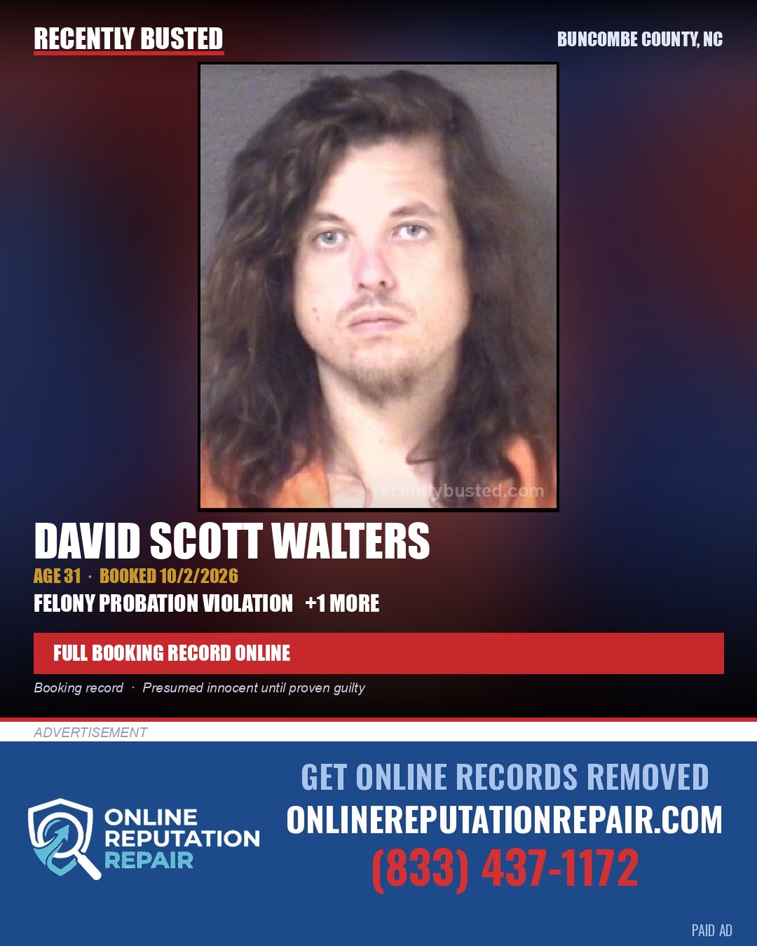 DAVID SCOTT WALTERS — arrest record card, Buncombe County, North Carolina