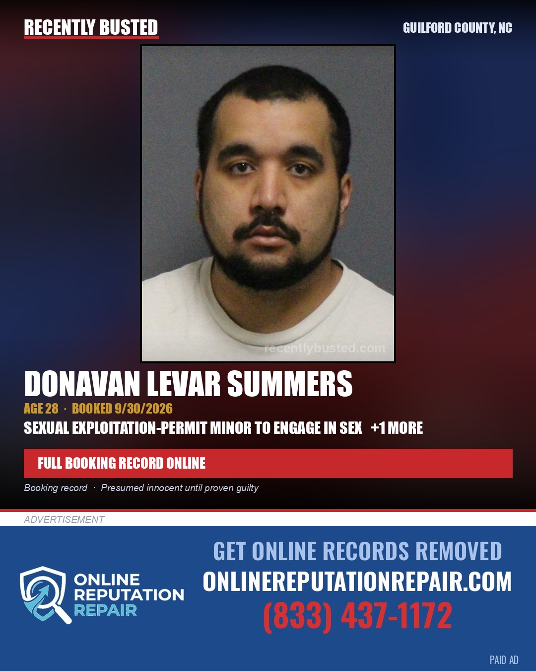 DONAVAN LEVAR SUMMERS — arrest record card, Guilford County, North Carolina