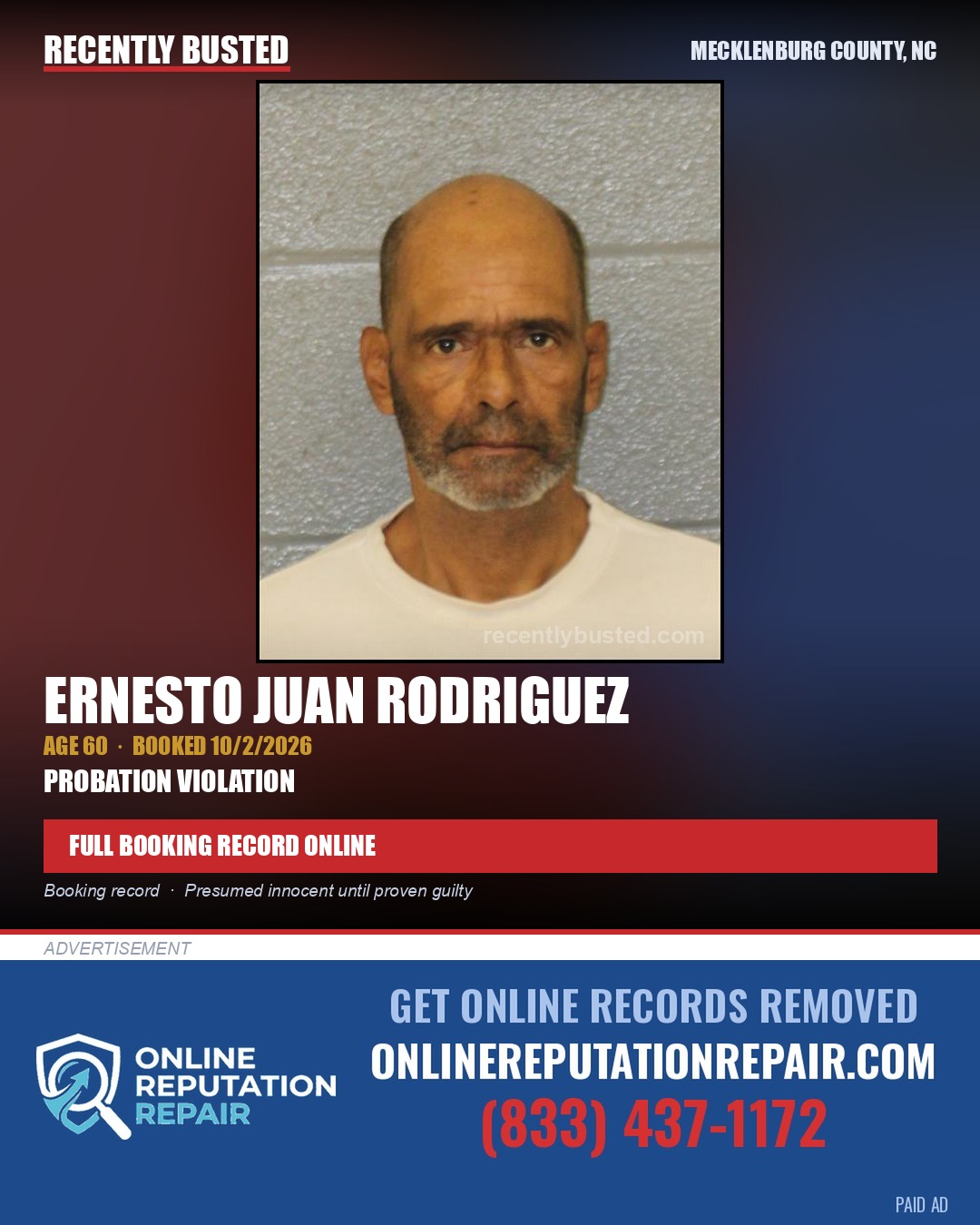 ERNESTO JUAN RODRIGUEZ — arrest record card, Mecklenburg County, North Carolina