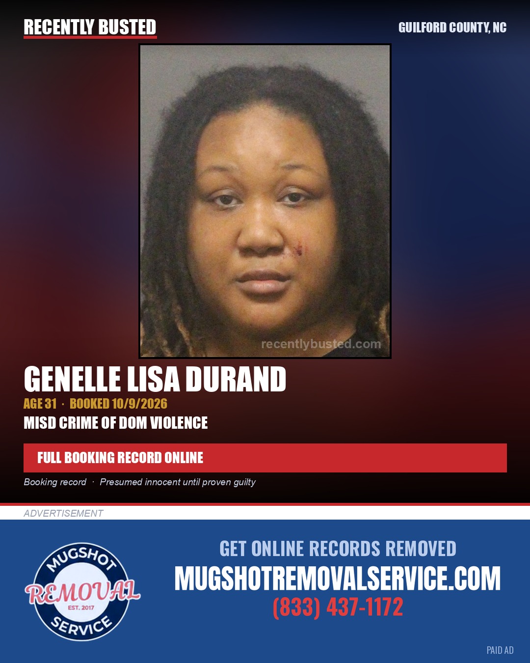 GENELLE LISA DURAND — arrest record card, Guilford County, North Carolina
