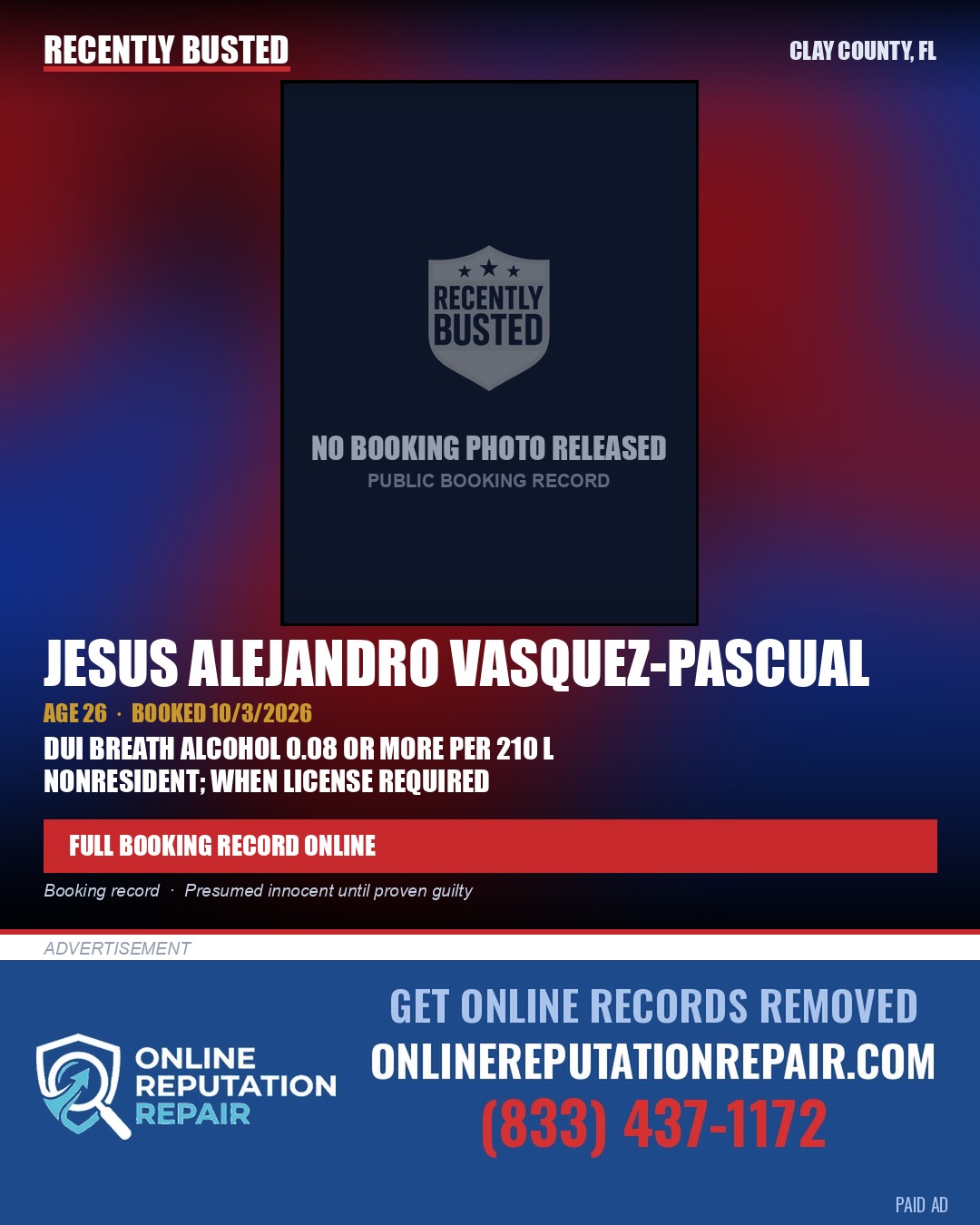 JESUS ALEJANDRO VASQUEZ-PASCUAL — arrest record card, Clay County, Florida