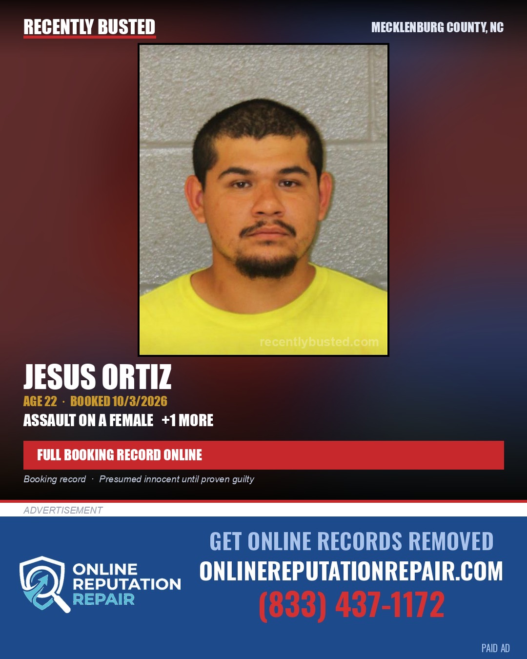 JESUS ORTIZ — arrest record card, Mecklenburg County, North Carolina