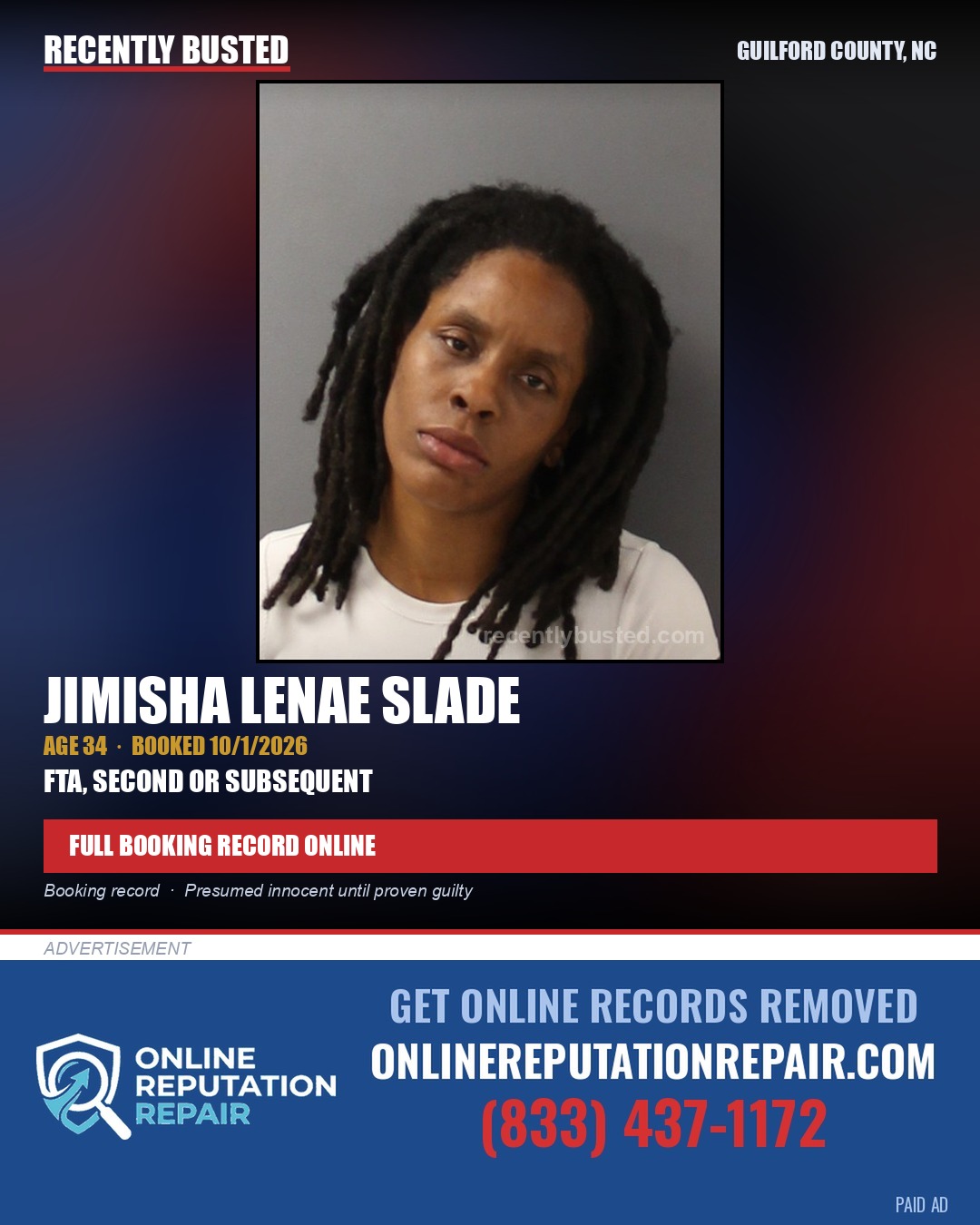 JIMISHA LENAE SLADE — arrest record card, Guilford County, North Carolina