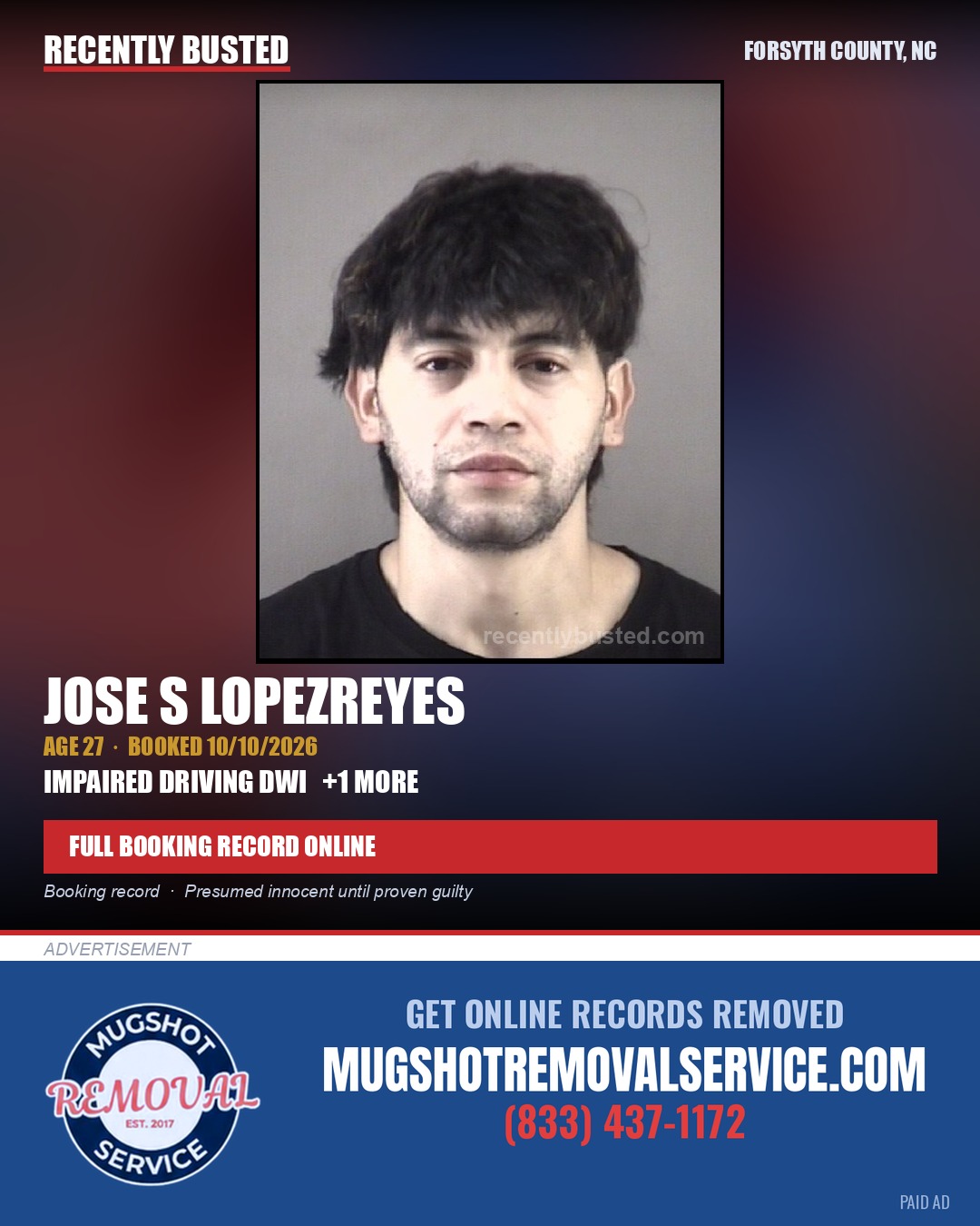 JOSE S LOPEZREYES — arrest record card, Forsyth County, North Carolina