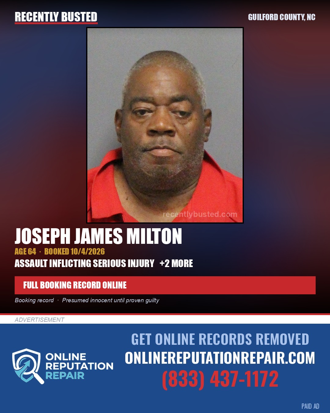 JOSEPH JAMES MILTON — arrest record card, Guilford County, North Carolina