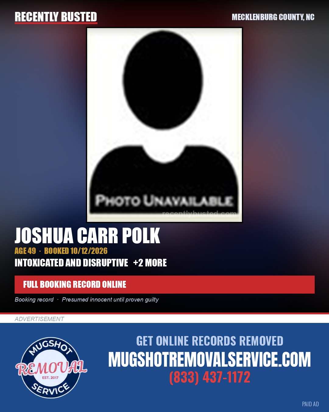 JOSHUA CARR POLK — arrest record card, Mecklenburg County, North Carolina