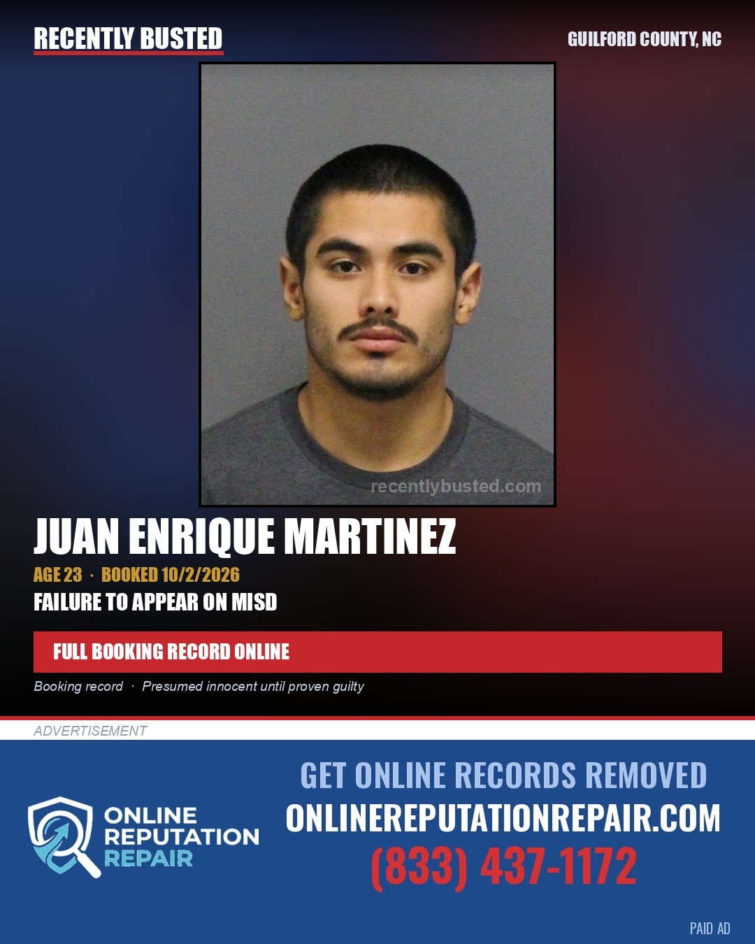 JUAN ENRIQUE MARTINEZ — arrest record card, Guilford County, North Carolina