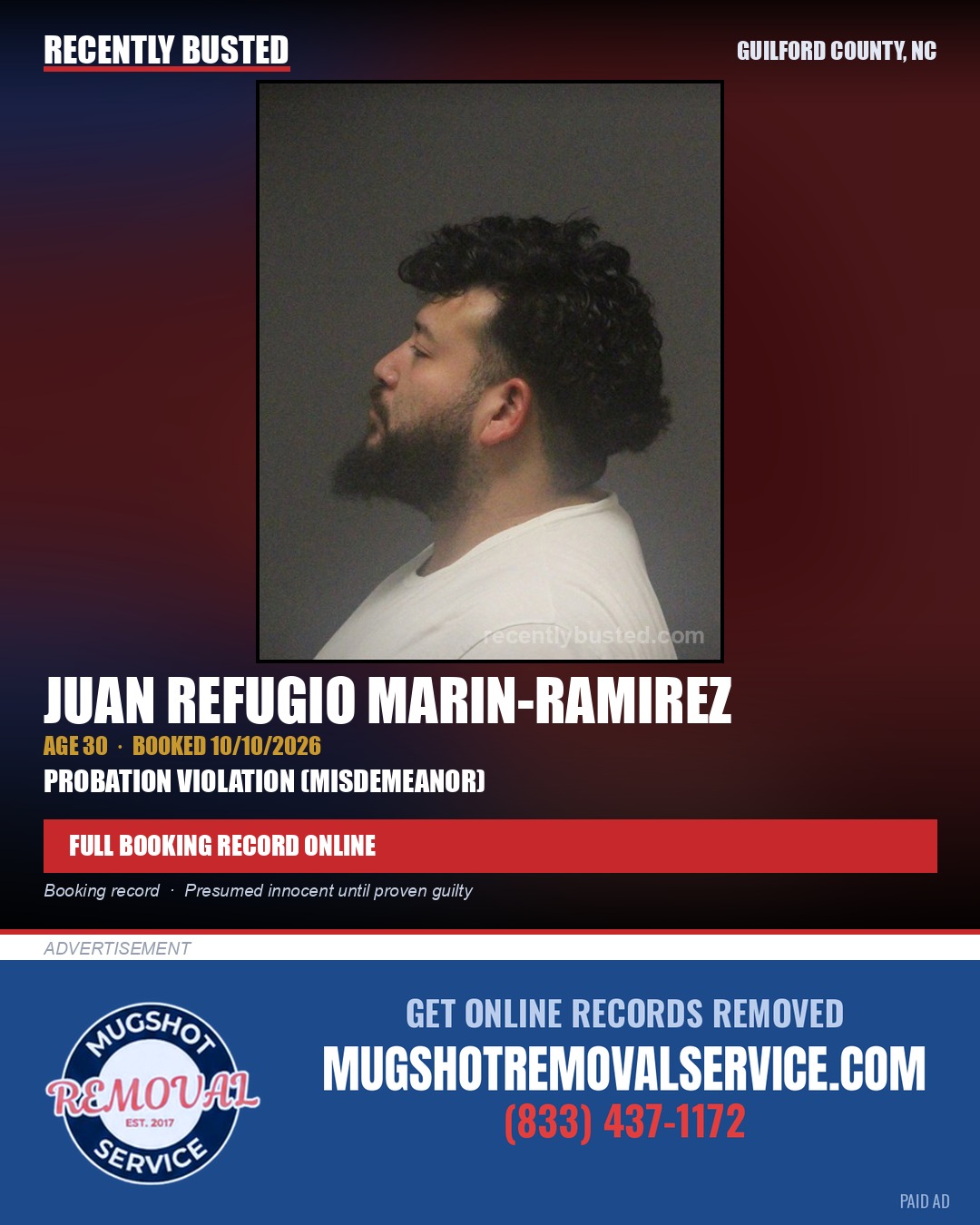 JUAN REFUGIO MARIN-RAMIREZ — arrest record card, Guilford County, North Carolina