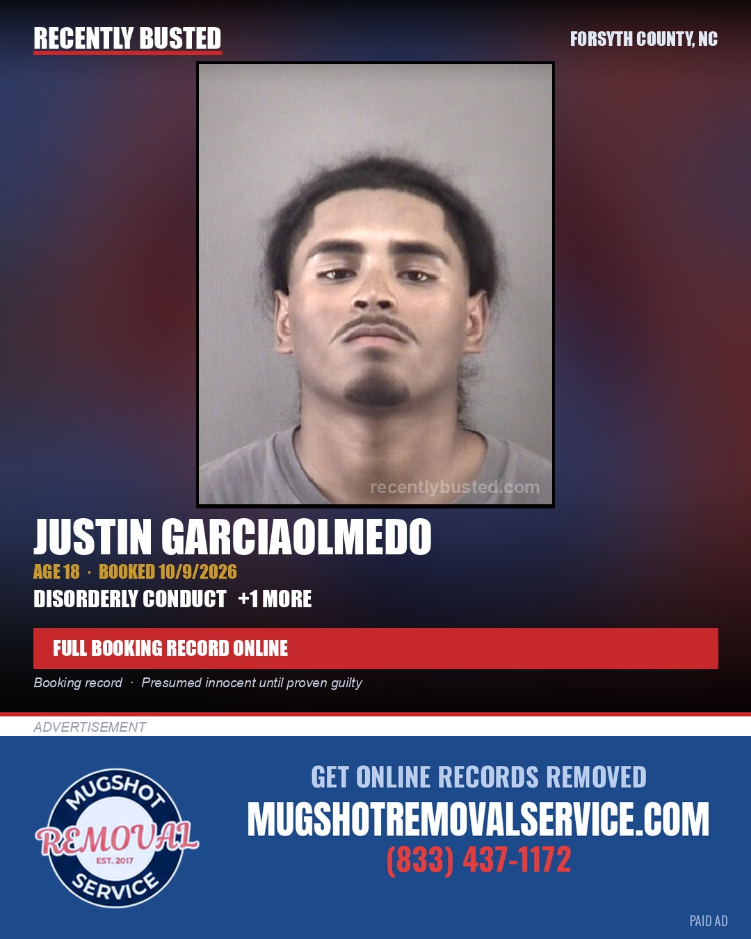 JUSTIN GARCIAOLMEDO — arrest record card, Forsyth County, North Carolina