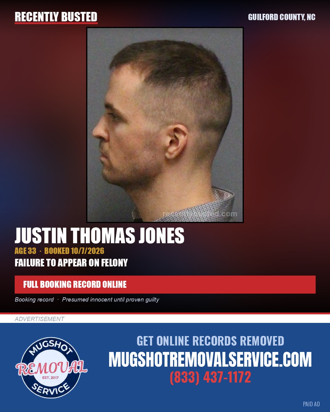 JUSTIN THOMAS JONES — arrest record card, Guilford County, North Carolina