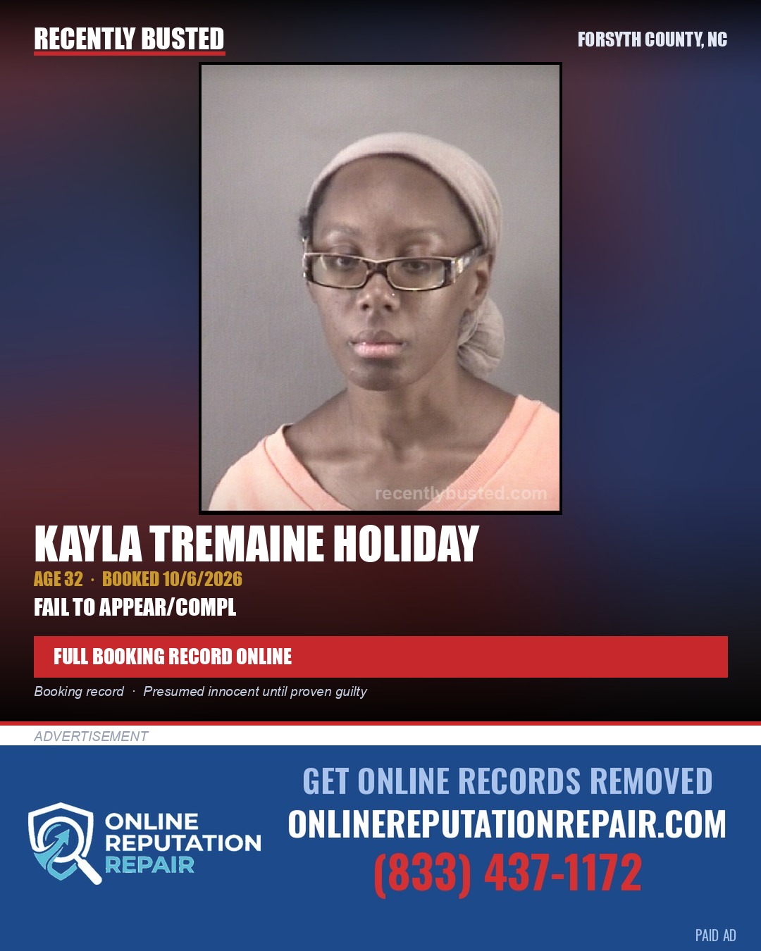 KAYLA TREMAINE HOLIDAY — arrest record card, Forsyth County, North Carolina