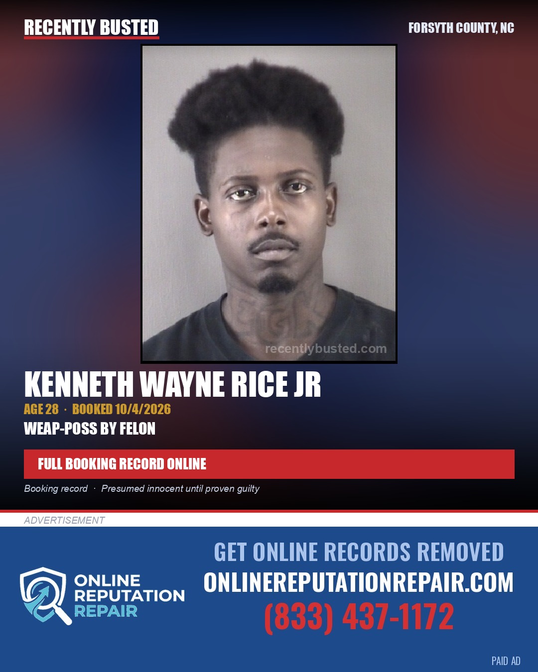 KENNETH WAYNE RICE JR — arrest record card, Forsyth County, North Carolina