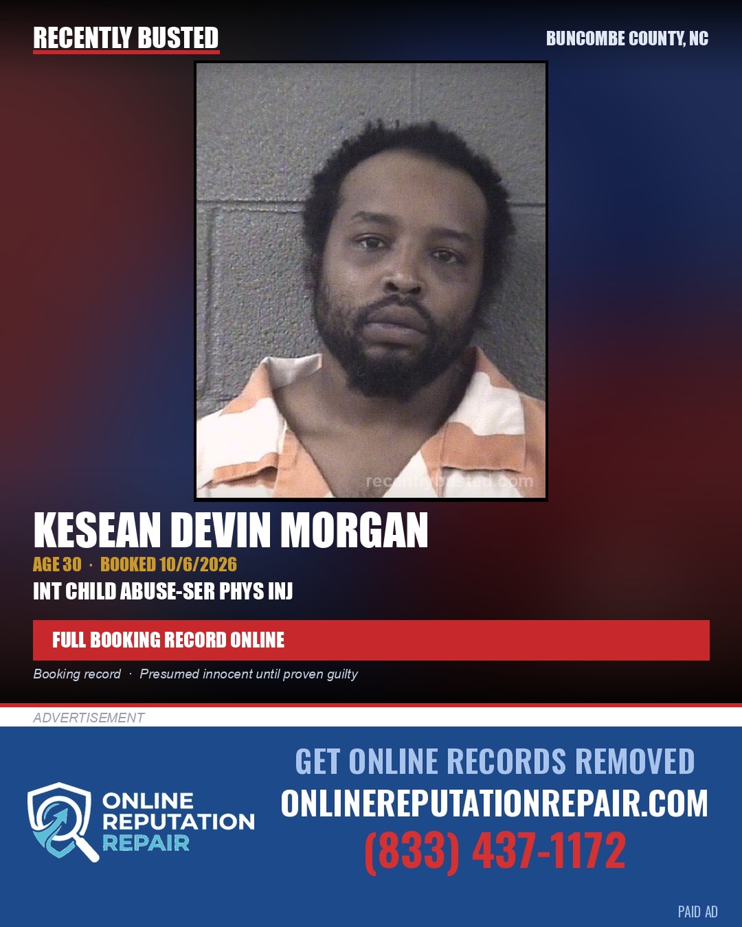 KESEAN DEVIN MORGAN — arrest record card, Buncombe County, North Carolina