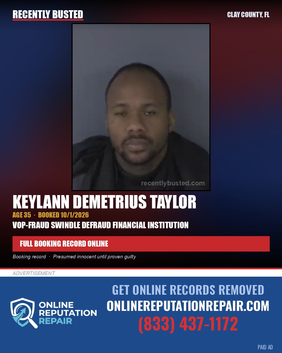 KEYLANN DEMETRIUS TAYLOR — arrest record card, Clay County, Florida