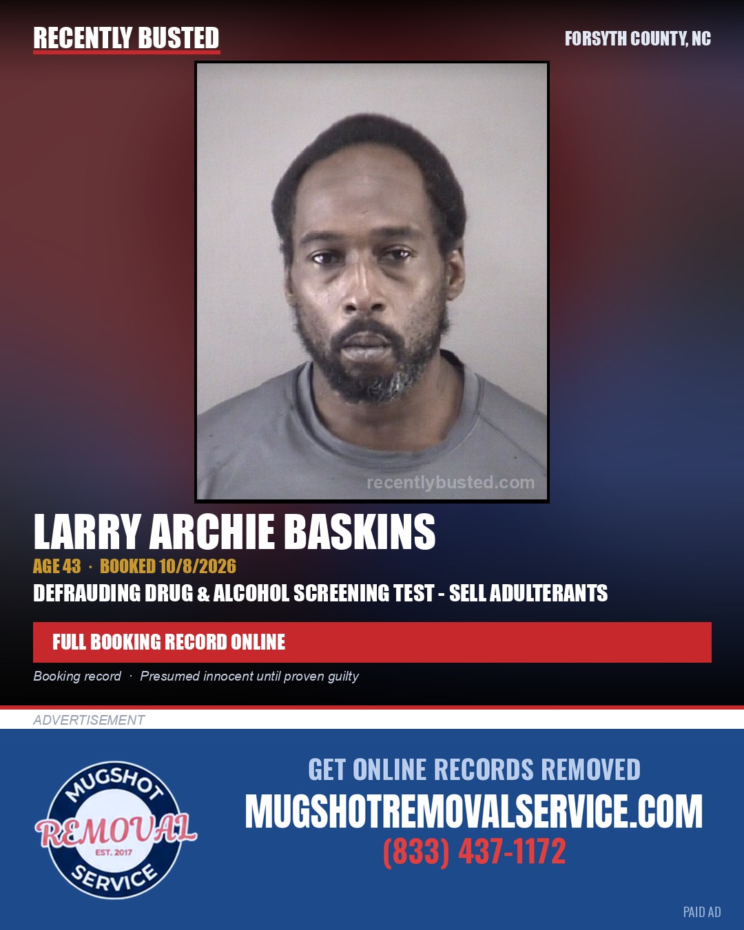 LARRY ARCHIE BASKINS — arrest record card, Forsyth County, North Carolina