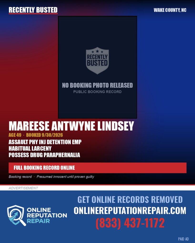 MAREESE ANTWYNE LINDSEY — arrest record card, Wake County, North Carolina