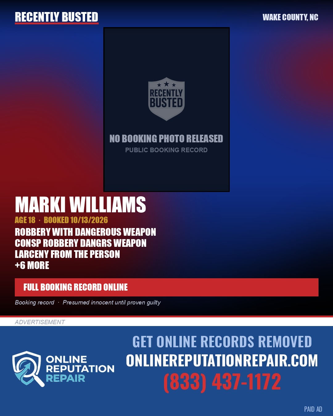 MARKI WILLIAMS — arrest record card, Wake County, North Carolina