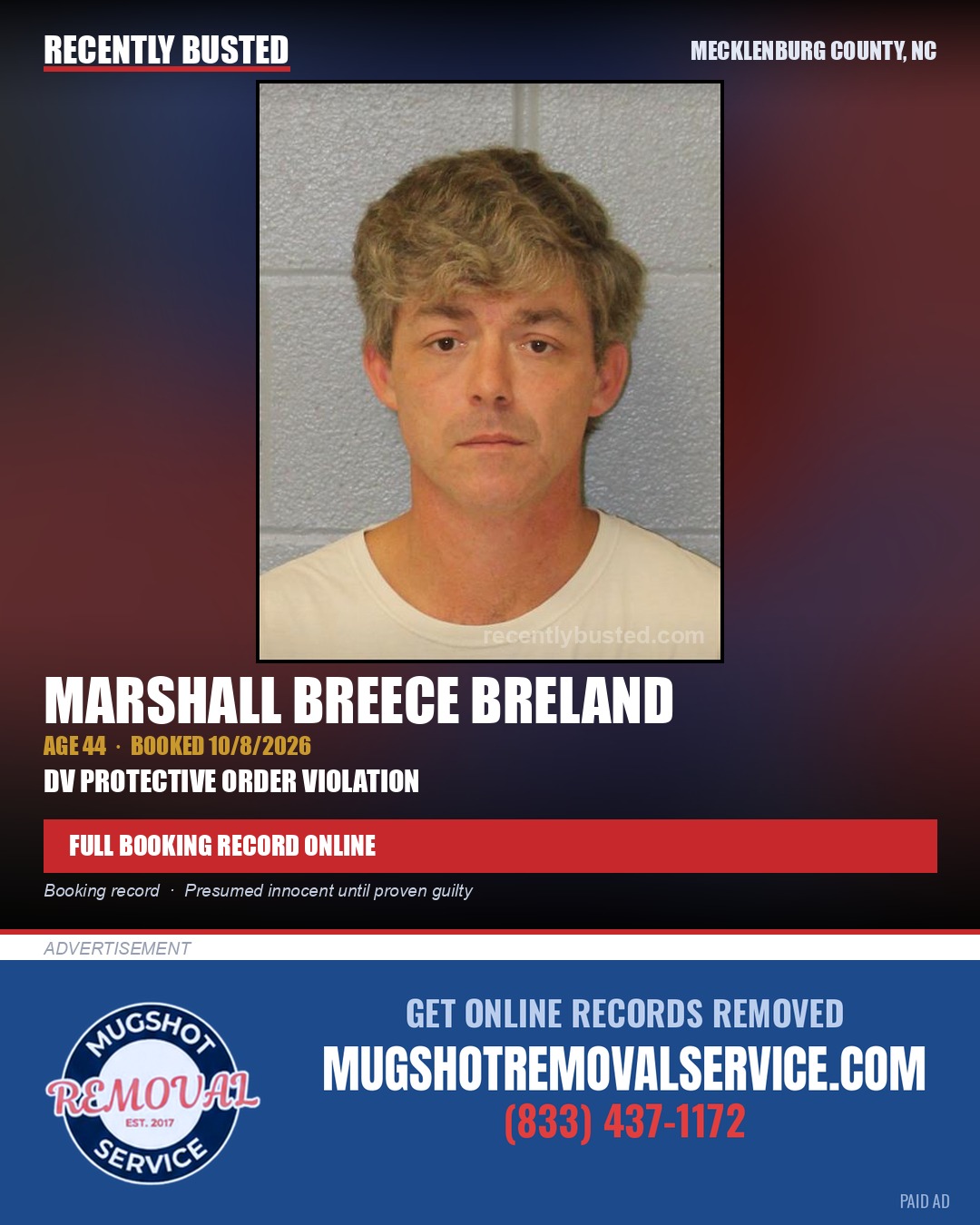 MARSHALL BREECE BRELAND — arrest record card, Mecklenburg County, North Carolina