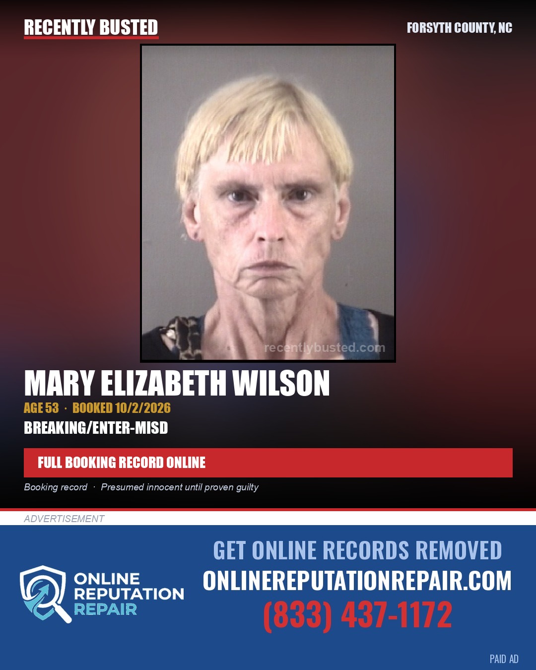 MARY ELIZABETH WILSON — arrest record card, Forsyth County, North Carolina