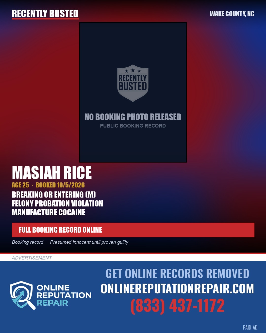 MASIAH RICE — arrest record card, Wake County, North Carolina