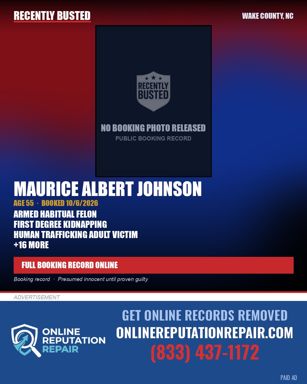 MAURICE ALBERT JOHNSON — arrest record card, Wake County, North Carolina