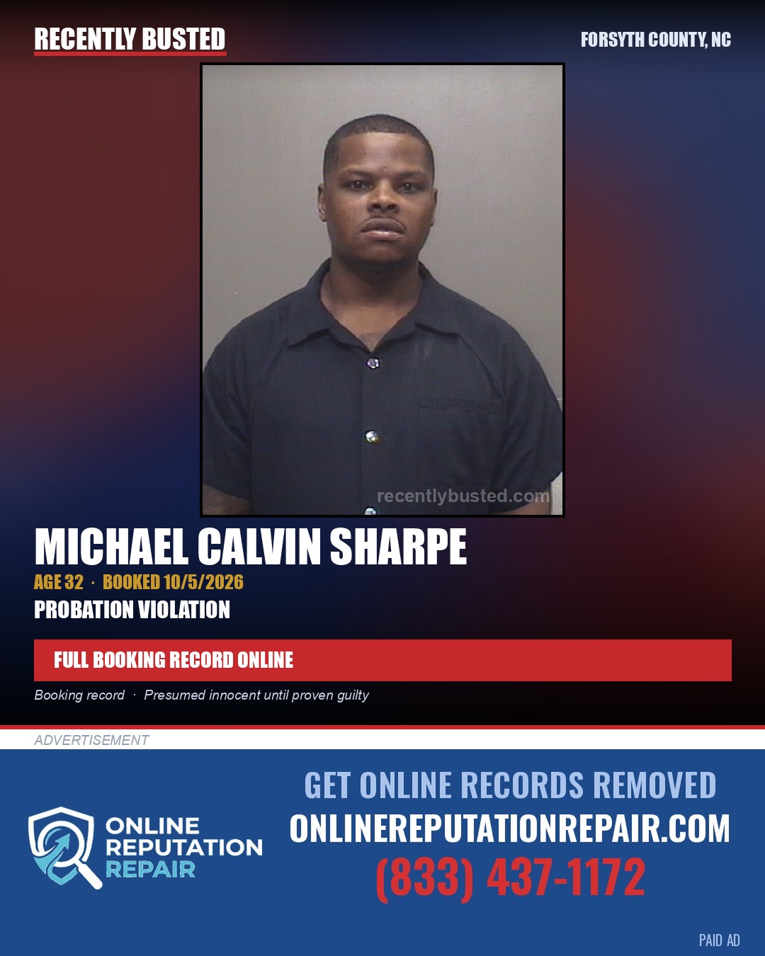 MICHAEL CALVIN SHARPE — arrest record card, Forsyth County, North Carolina